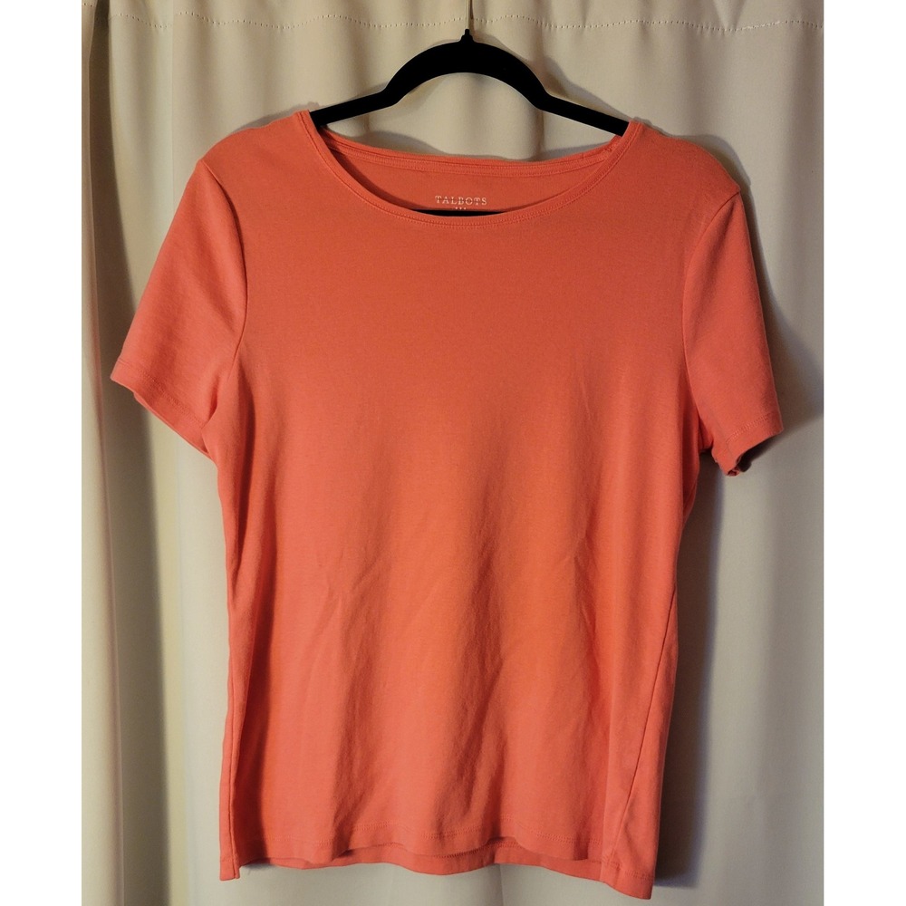 Talbots Womens Large Coral Orange 100% Cotton Short Sleeve Crewneck Tee Shirt